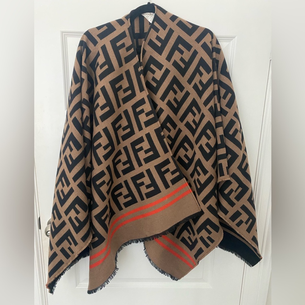 Fendi Tan and Black Geometric Shawl / Cape